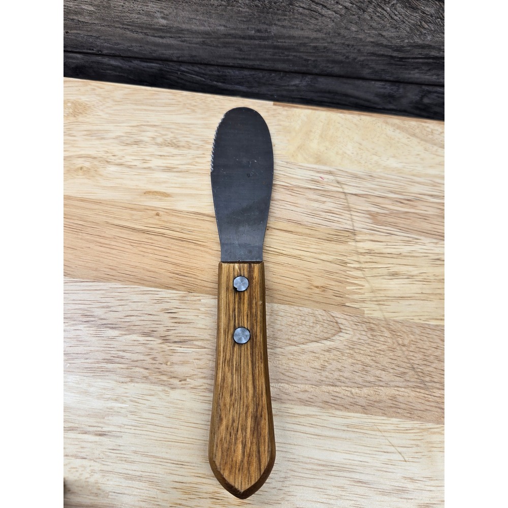 Vintage JH Stainless Steel Sandwich Spreader Serrated Knife Wood Handle 8.25"